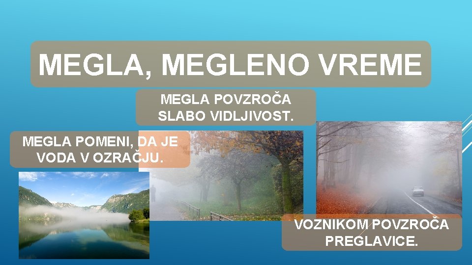 MEGLA, MEGLENO VREME MEGLA POVZROČA SLABO VIDLJIVOST. MEGLA POMENI, DA JE VODA V OZRAČJU.