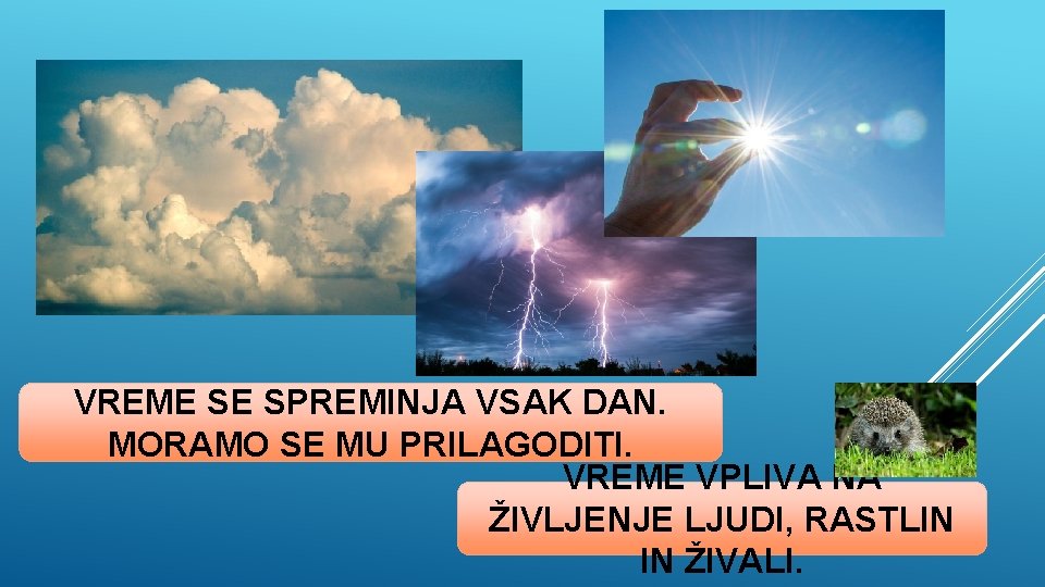 VREME SE SPREMINJA VSAK DAN. MORAMO SE MU PRILAGODITI. VREME VPLIVA NA ŽIVLJENJE LJUDI,