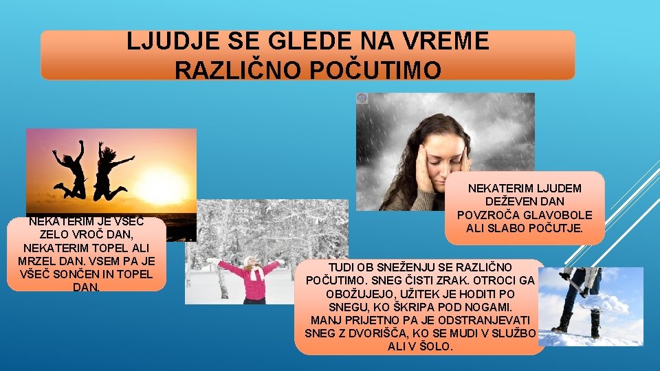 LJUDJE SE GLEDE NA VREME RAZLIČNO POČUTIMO NEKATERIM JE VŠEČ ZELO VROČ DAN, NEKATERIM