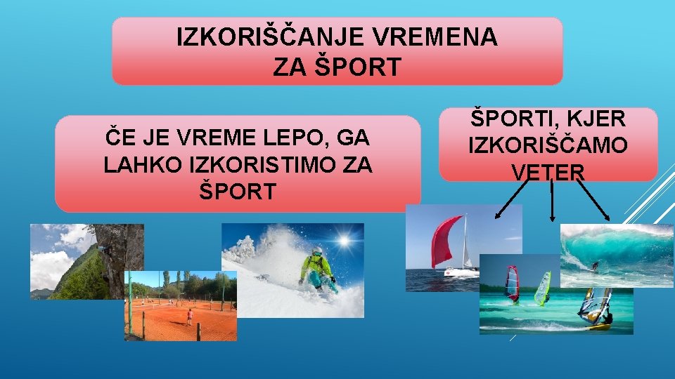 IZKORIŠČANJE VREMENA ZA ŠPORT ČE JE VREME LEPO, GA LAHKO IZKORISTIMO ZA ŠPORTI, KJER