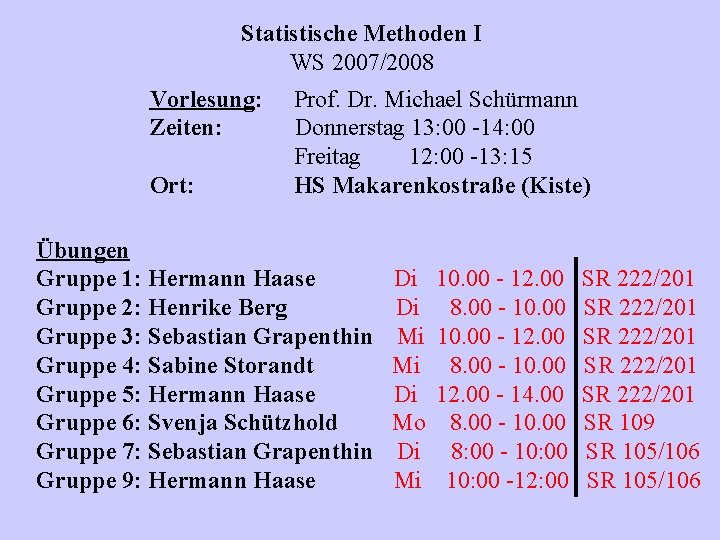 Statistische Methoden I WS 2007/2008 Vorlesung: Zeiten: Ort: Prof. Dr. Michael Schürmann Donnerstag 13:
