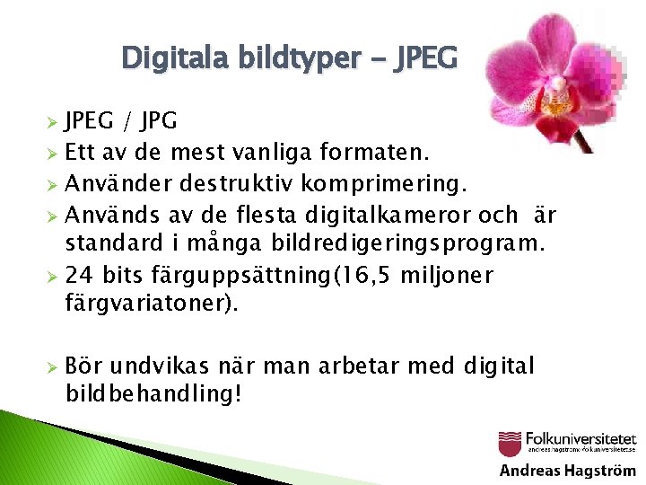 Digitala bildtyper - JPEG / JPG Ø Ett av de mest vanliga formaten. Ø