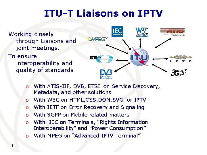 ITU-T Liaisons on IPTV Working closely through Liaisons and joint meetings, To ensure interoperability