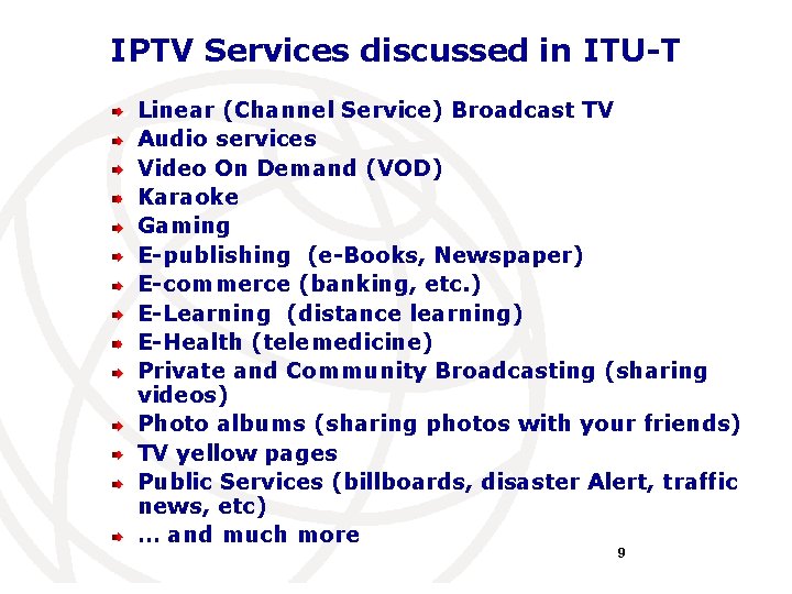 IPTV Services discussed in ITU-T Linear (Channel Service) Broadcast TV Audio services Video On