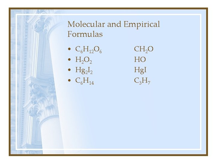 Molecular and Empirical Formulas • • C 6 H 12 O 6 H 2