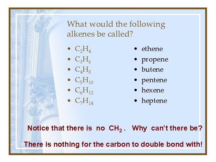 What would the following alkenes be called? • • • C 2 H 4