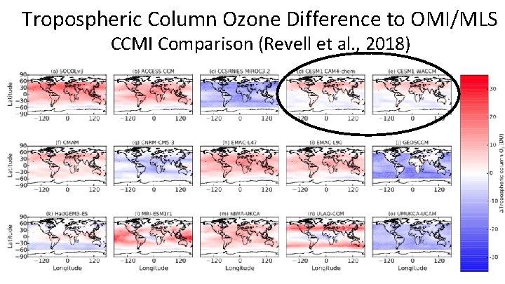 Tropospheric Column Ozone Difference to OMI/MLS CCMI Comparison (Revell et al. , 2018) 