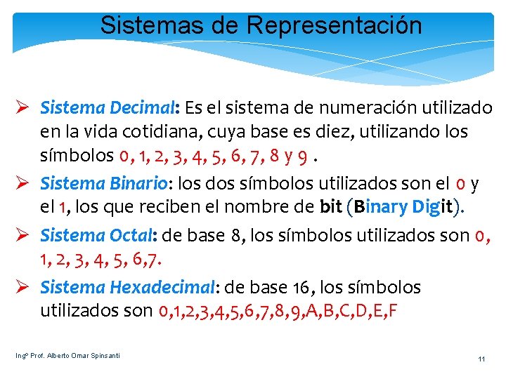 Sistemas de Representación Ø Sistema Decimal: Es el sistema de numeración utilizado en la