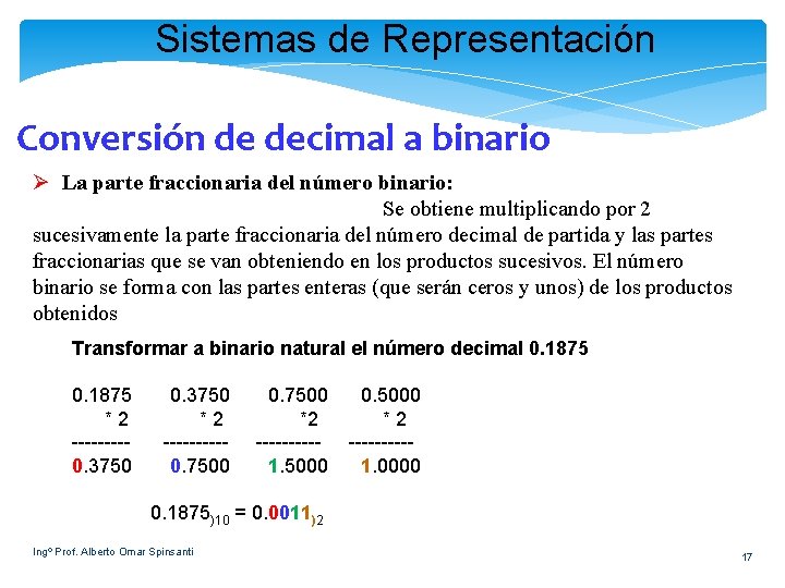 Sistemas de Representación Conversión de decimal a binario Ø La parte fraccionaria del número