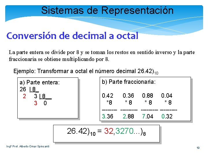 Sistemas de Representación Conversión de decimal a octal La parte entera se divide por