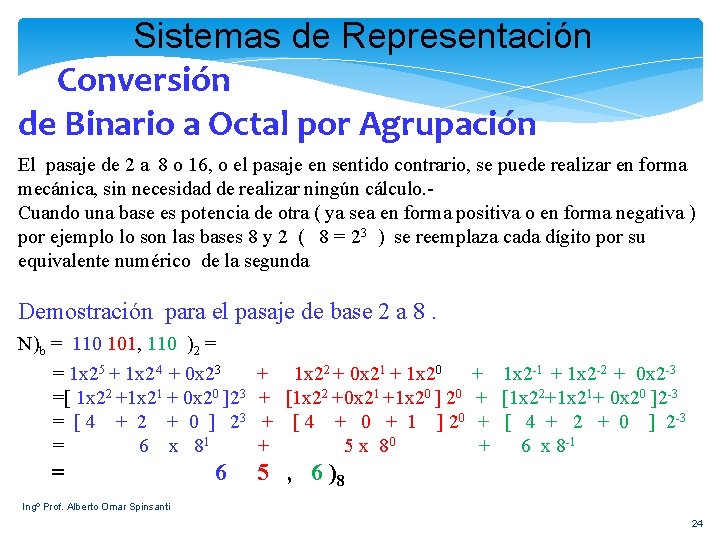 Sistemas de Representación Conversión de Binario a Octal por Agrupación El pasaje de 2