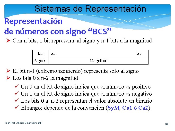 Sistemas de Representación de números con signo “BCS” Ø Con n bits, 1 bit