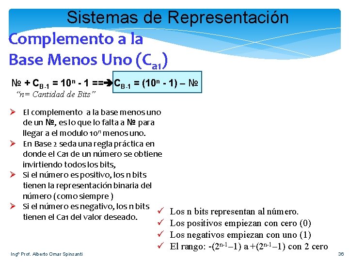 Sistemas de Representación Complemento a la Base Menos Uno (Ca 1) № + CB-1