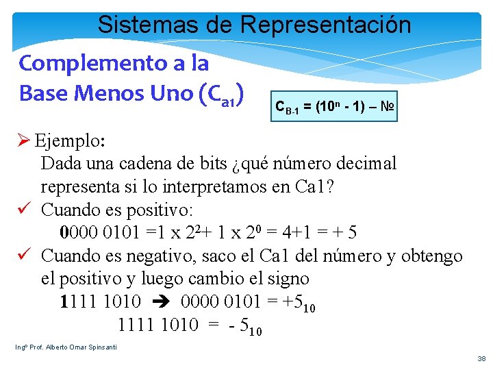 Sistemas de Representación Complemento a la Base Menos Uno (Ca 1) CB-1 = (10