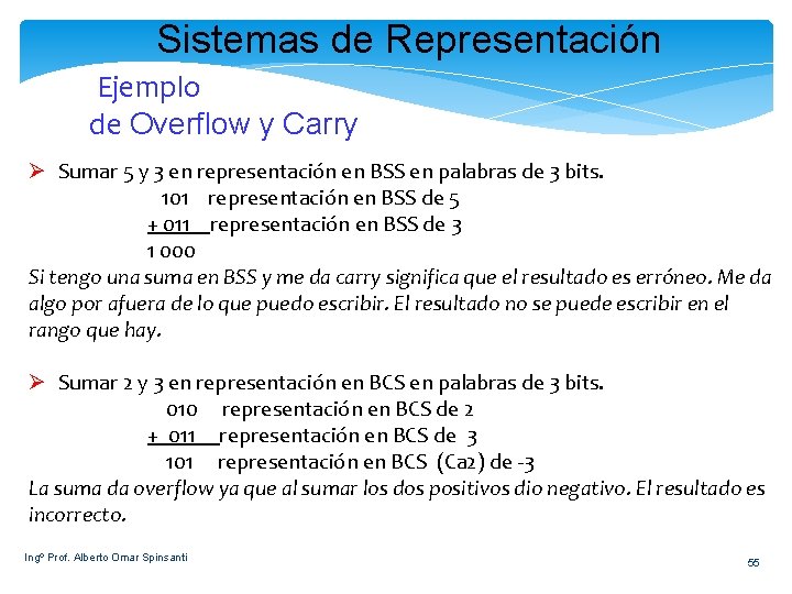 Sistemas de Representación Ejemplo de Overflow y Carry Ø Sumar 5 y 3 en