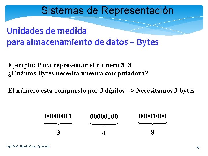Sistemas de Representación Unidades de medida para almacenamiento de datos – Bytes Ejemplo: Para