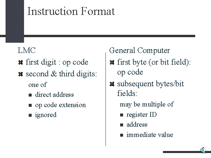 Instruction Format LMC first digit : op code second & third digits: one of