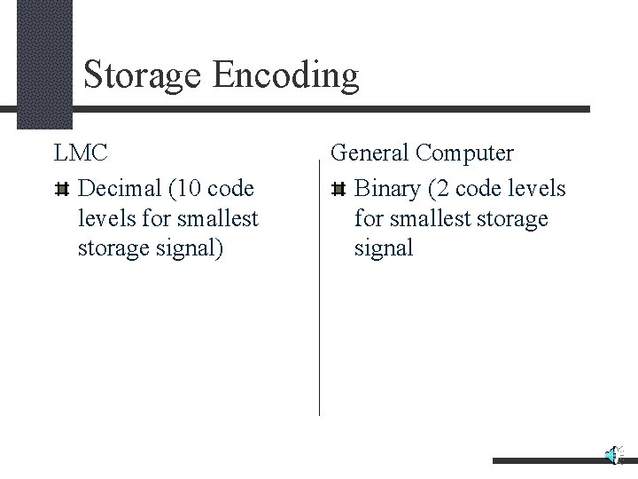 Storage Encoding LMC Decimal (10 code levels for smallest storage signal) General Computer Binary