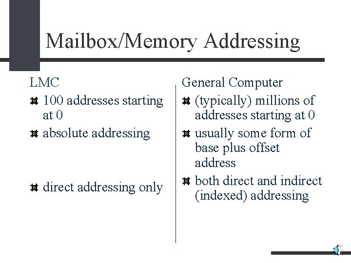 Mailbox/Memory Addressing LMC 100 addresses starting at 0 absolute addressing direct addressing only General
