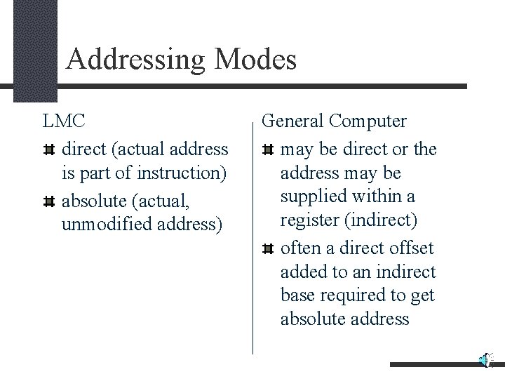 Addressing Modes LMC direct (actual address is part of instruction) absolute (actual, unmodified address)