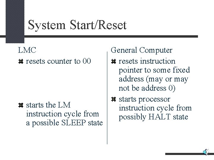 System Start/Reset LMC resets counter to 00 starts the LM instruction cycle from a