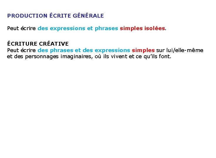 PRODUCTION ÉCRITE GÉNÉRALE Peut écrire des expressions et phrases simples isolées. ÉCRITURE CRÉATIVE Peut