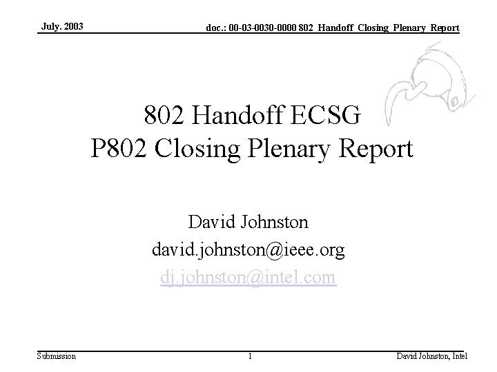 July. 2003 doc. : 00 -03 -0030 -0000 802_Handoff_Closing_Plenary_Report 802 Handoff ECSG P 802