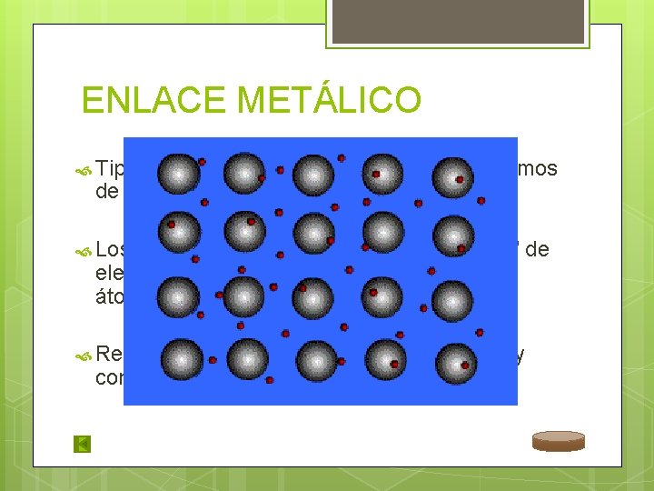 ENLACE METÁLICO Tipo de enlace que mantiene unidos los átomos de los metales. Los