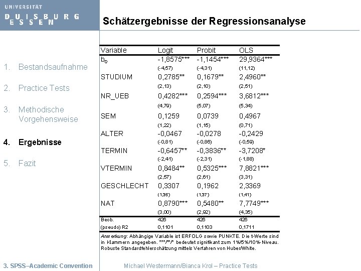 Schätzergebnisse der Regressionsanalyse 1. Bestandsaufnahme Variable b 0 Logit -1, 8575*** Probit -1, 1454***