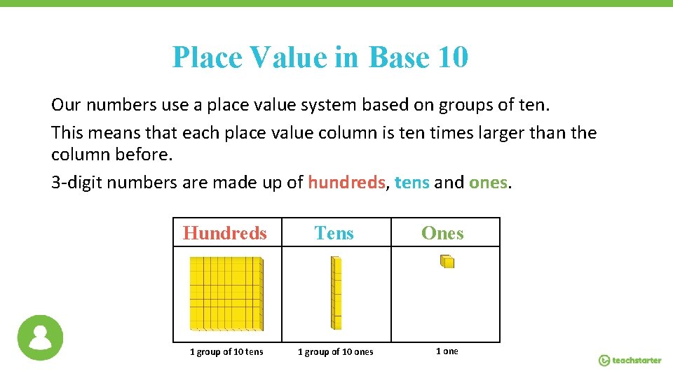 Place Value in Base 10 Our numbers use a place value system based on