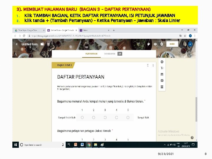 3). MEMBUAT HALAMAN BARU (BAGIAN 3 – DAFTAR PERTANYAAN) 1. Klik TAMBAH BAGIAN, KETIK