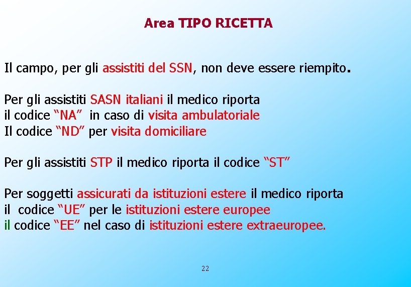 Area TIPO RICETTA Il campo, per gli assistiti del SSN, non deve essere riempito.