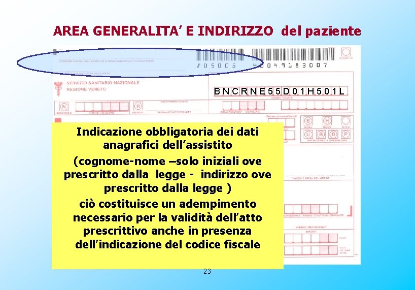 AREA GENERALITA’ E INDIRIZZO del paziente BNCRNE 55 D 01 H 501 L Indicazione