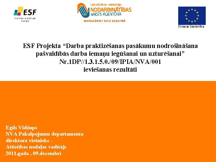 IEGULDĪJUMS TAVĀ NĀKOTNĒ Eiropas Savienība ESF Projekta “Darba praktizēšanas pasākumu nodrošināšana pašvaldībās darba iemaņu