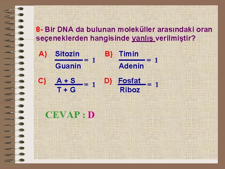 8 - Bir DNA da bulunan moleküller arasındaki oran seçeneklerden hangisinde yanlış verilmiştir? A)