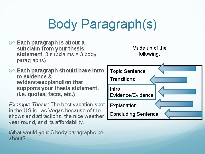 Body Paragraph(s) Each paragraph is about a subclaim from your thesis statement. 3 subclaims