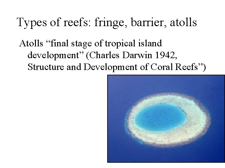Types of reefs: fringe, barrier, atolls Atolls “final stage of tropical island development” (Charles