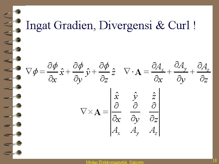 Ingat Gradien, Divergensi & Curl ! ¶Ax ¶Ay ¶Az ¶f ¶f ¶f Ñf =