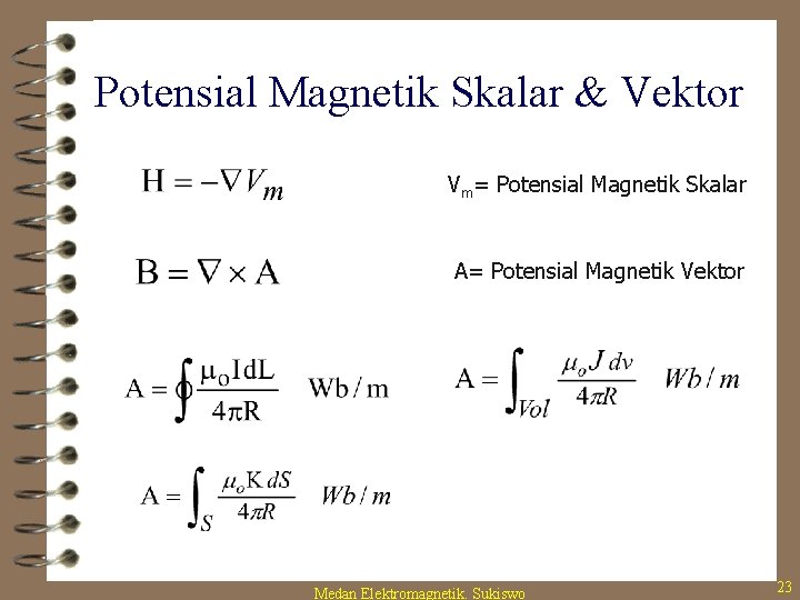 Potensial Magnetik Skalar & Vektor Vm= Potensial Magnetik Skalar A= Potensial Magnetik Vektor Medan
