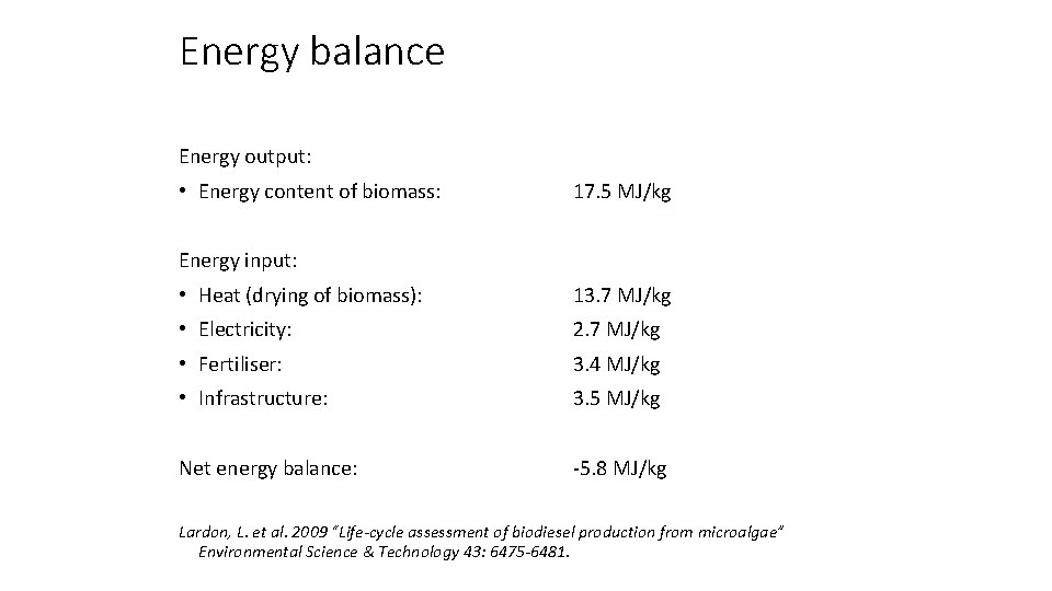 Energy balance Energy output: • Energy content of biomass: 17. 5 MJ/kg Energy input: