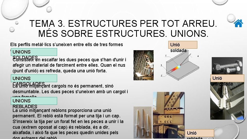 TEMA 3. ESTRUCTURES PER TOT ARREU. MÉS SOBRE ESTRUCTURES. UNIONS. Els perfils metàl·lics s’uneixen