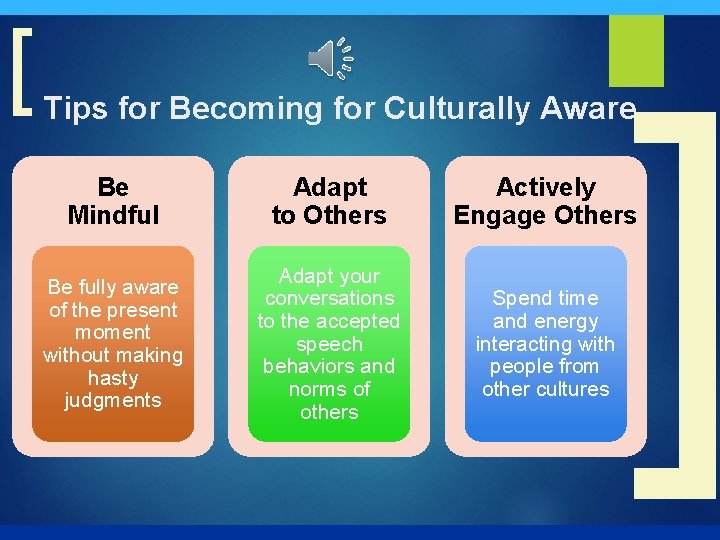 [ ] Tips for Becoming for Culturally Aware Be Mindful Adapt to Others Actively