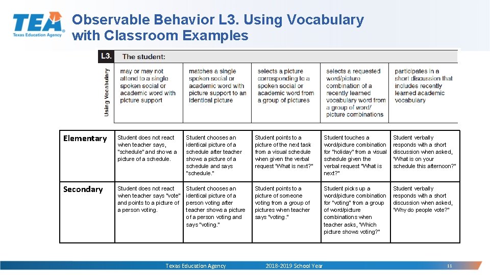 Observable Behavior L 3. Using Vocabulary with Classroom Examples Elementary Student does not react