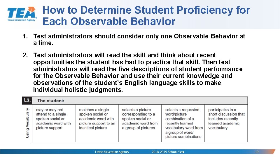 How to Determine Student Proficiency for Each Observable Behavior 1. Test administrators should consider