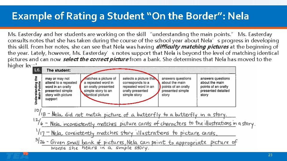 Example of Rating a Student “On the Border”: Nela Ms. Easterday and her students