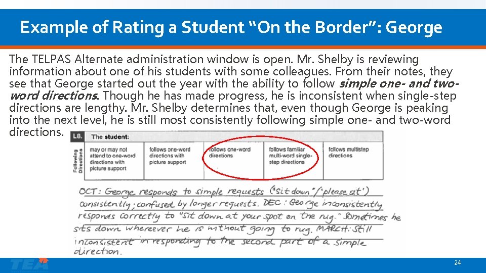 Example of Rating a Student “On the Border”: George The TELPAS Alternate administration window