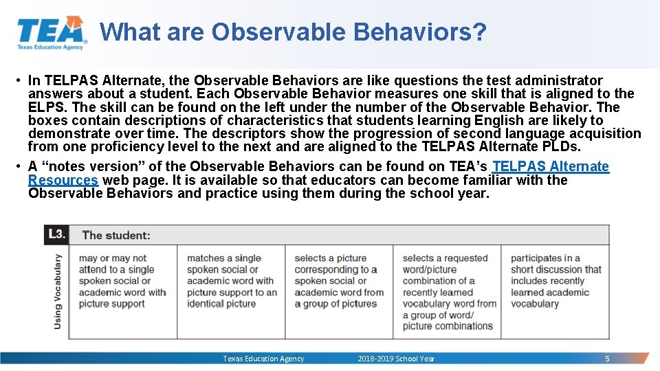 What are Observable Behaviors? • In TELPAS Alternate, the Observable Behaviors are like questions