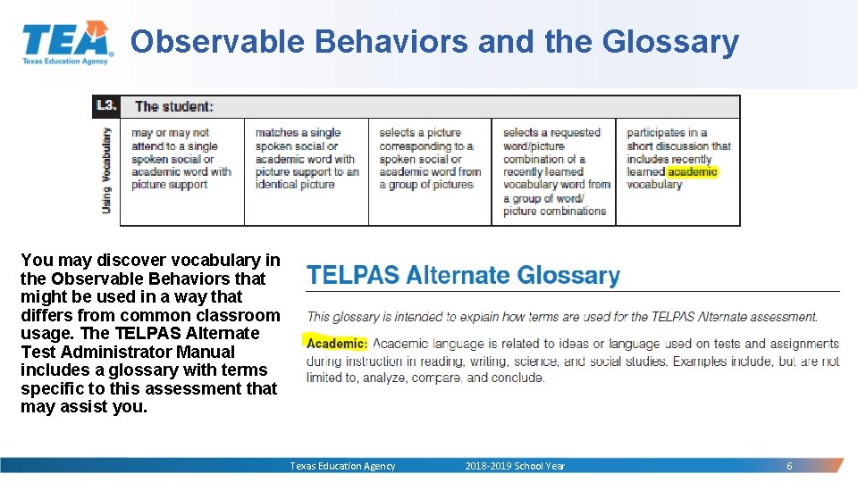 Observable Behaviors and the Glossary You may discover vocabulary in the Observable Behaviors that