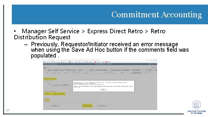 Commitment Accounting • Manager Self Service > Express Direct Retro > Retro Distribution Request