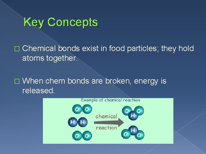 Key Concepts � Chemical bonds exist in food particles; they hold atoms together. �